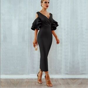 Bodycon Club Dress Sexy Deep V Neck Ruffles Butterfly Short Sleeve Midi
